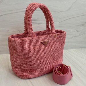 Rare Prada Pink Raffia Tote Shoulder Bag